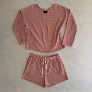 Dusty Pink Ribbed Long Sleeve 2 Piece Top & Drawstring Shorts Pajama Set